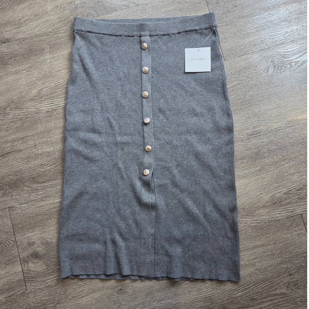 New Ellen Tracy Ribbed Knit Midi Skirt Women Medium Grey Silver Button ETKF5035